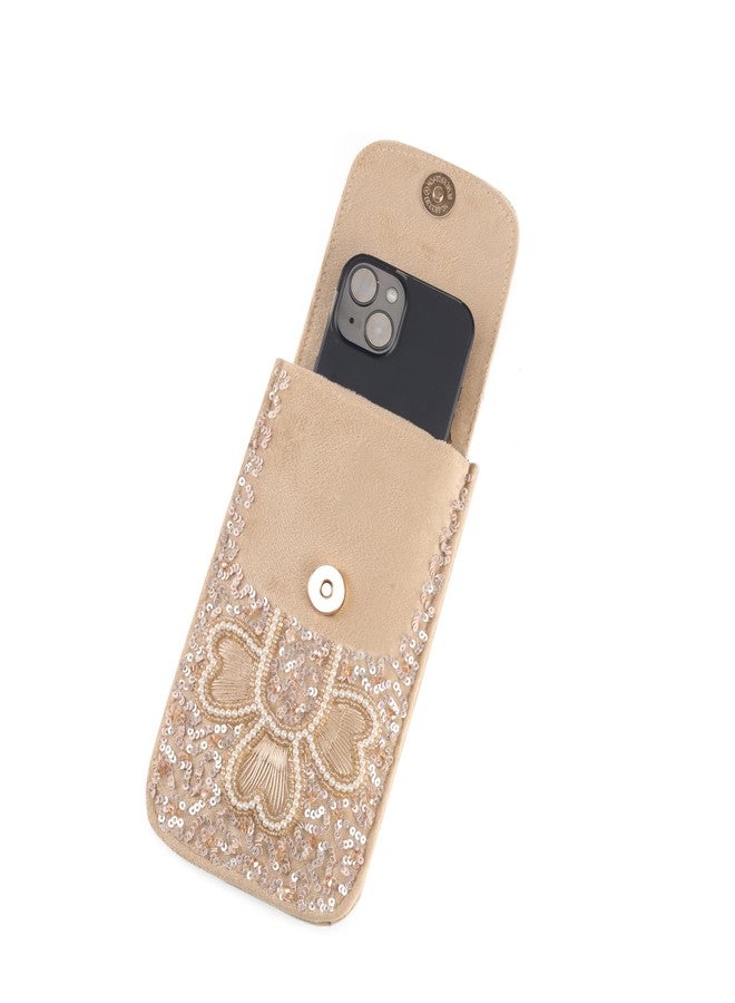 JI ACCESSORIES Velvet Saree Clutch Mobile Pouch Waist Clip Ladies Purse Gift For Women (FLOWER LIGHT BROWN) - Image 4